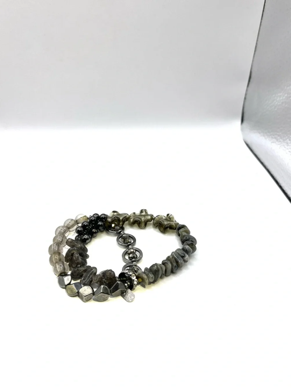 Treska Gray Beaded Silver Stretch Double Bracelet Set Gray Gun Metal Bracelets